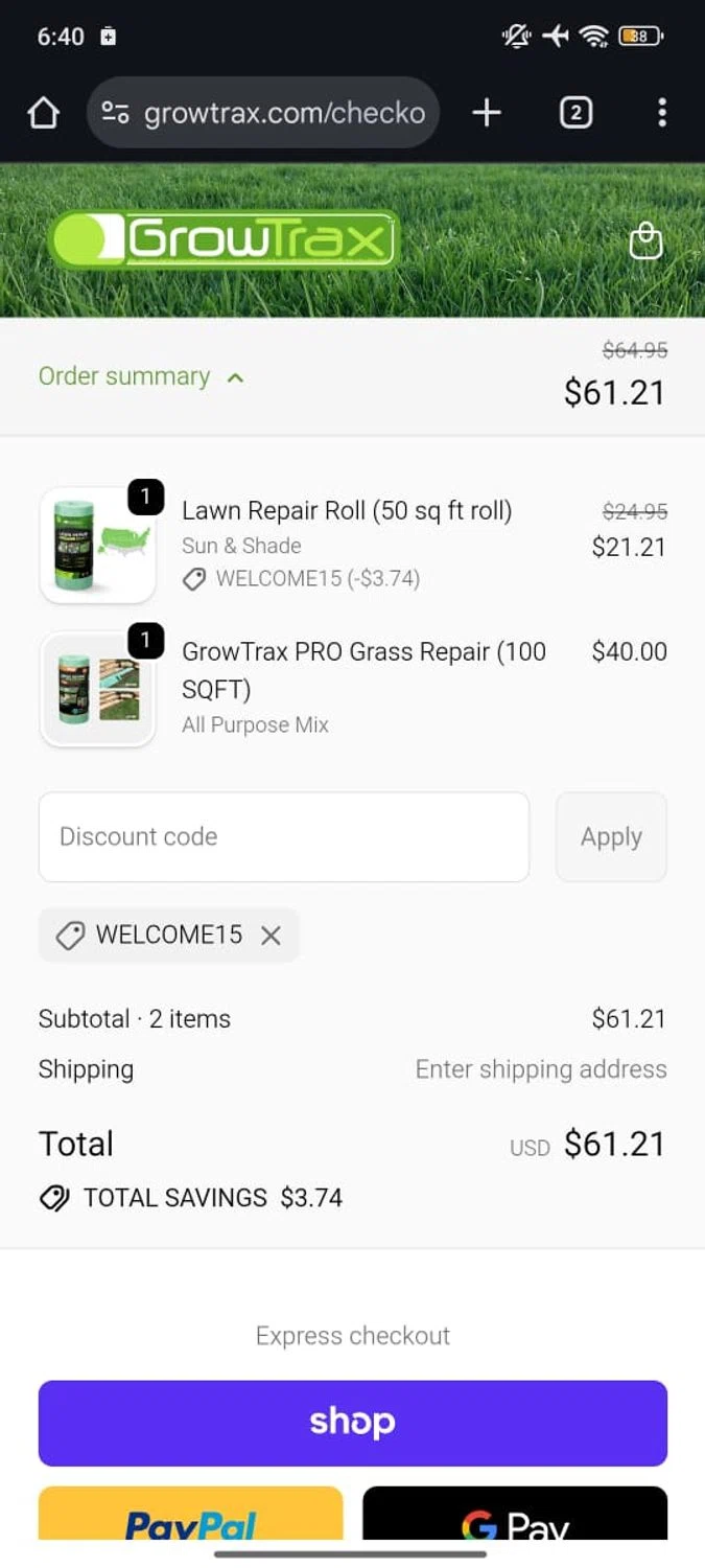 Growtrax promo code screenshot showing code WELCOME15 applied at Growtrax checkout page. Uploaded by SimplyCodes community member RoyalSpotter5217 on Jan 5, 2026