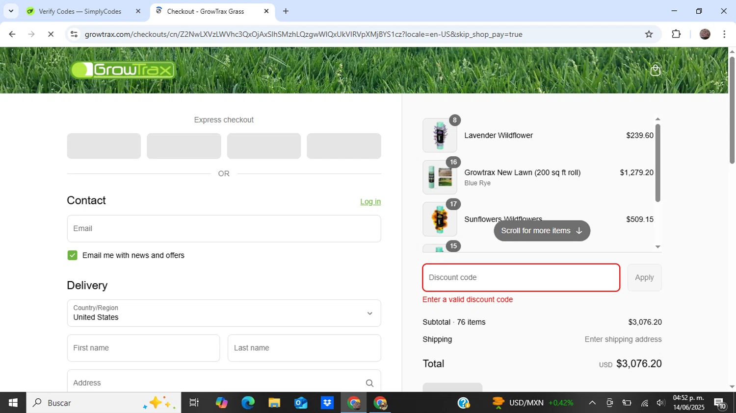 Growtrax promo code screenshot showing code USA15 applied at Growtrax checkout page. Uploaded by SimplyCodes community member BonusEagle6359 on Jun 14, 2025
