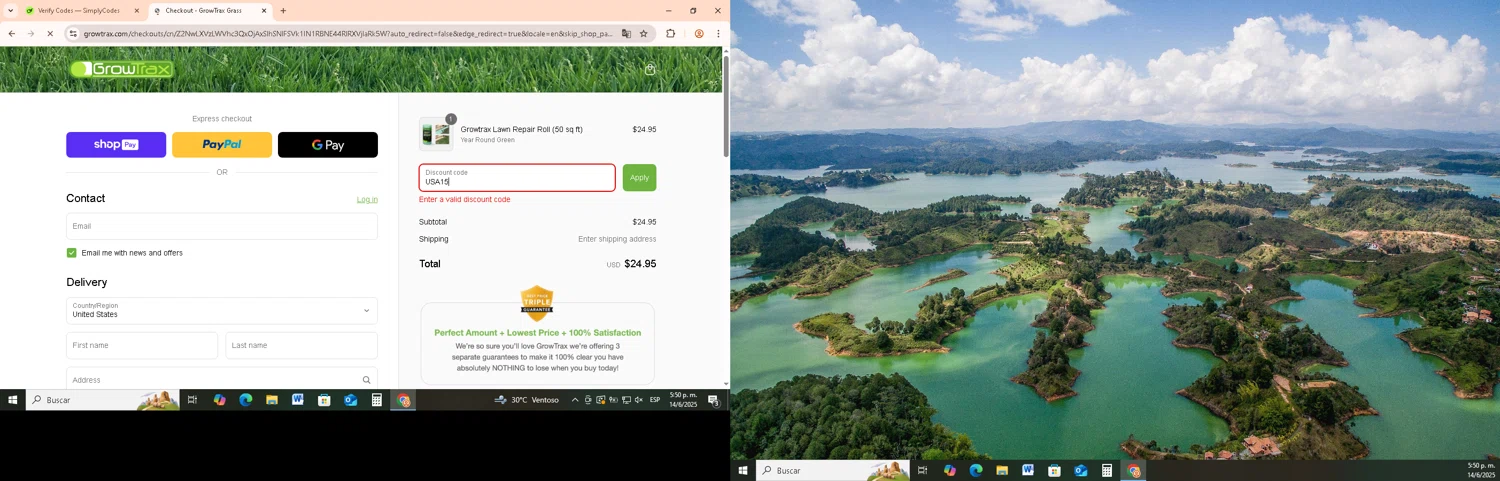 Growtrax promo code screenshot showing code USA15 applied at Growtrax checkout page. Uploaded by SimplyCodes community member RebateCollector5909 on Jun 14, 2025