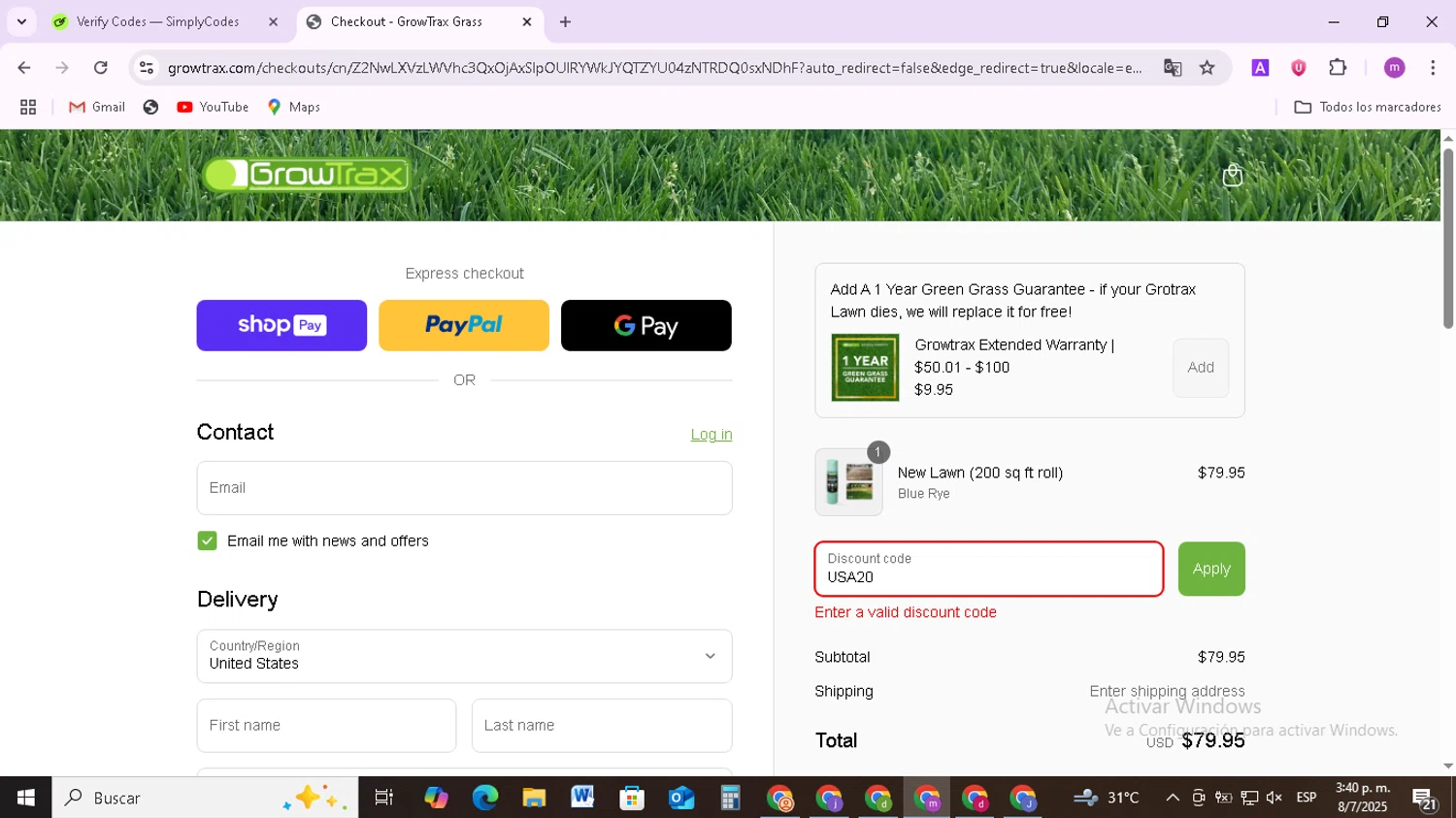 Growtrax promo code screenshot showing code USA20 applied at Growtrax checkout page. Uploaded by SimplyCodes community member BudgetMonarch8952 on Jul 8, 2025