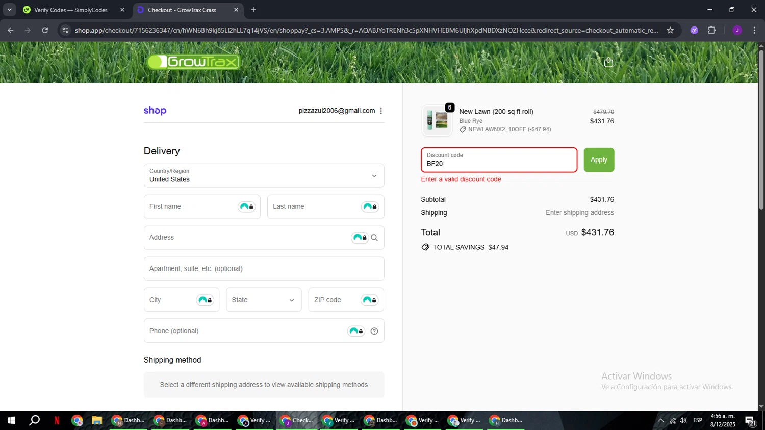Growtrax promo code screenshot showing code BF20 applied at Growtrax checkout page. Uploaded by SimplyCodes community member ComeBurra123 on Dec 8, 2025