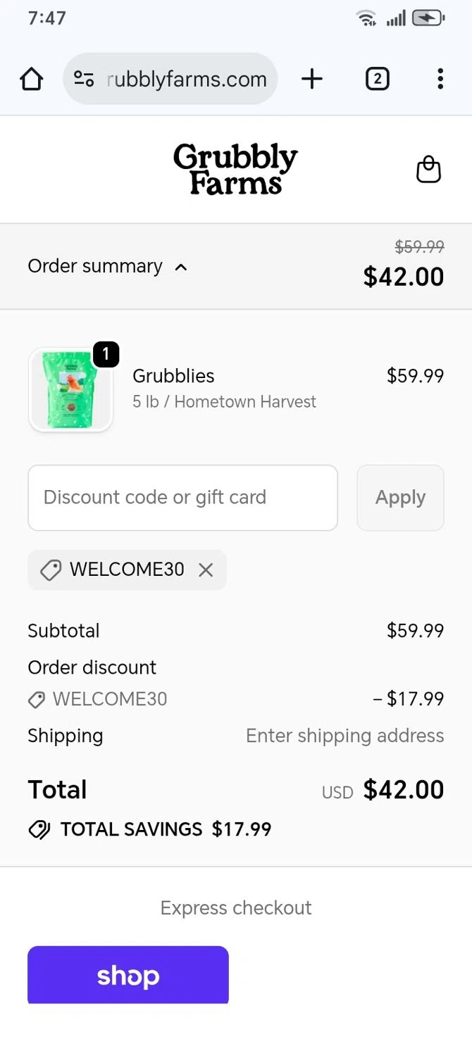 Grubbly Farms discount code screenshot showing code WELCOME30 applied at Grubbly Farms checkout page. Uploaded by SimplyCodes community member franksanchez on Dec 6, 2025