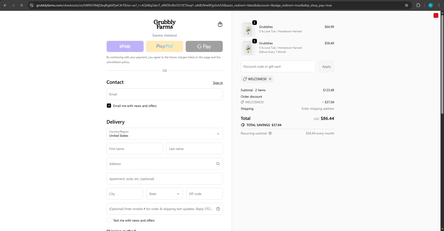 Grubbly Farms discount code screenshot showing code WELCOME30 applied at Grubbly Farms checkout page. Uploaded by SimplyCodes community member webopeluo on Nov 9, 2025