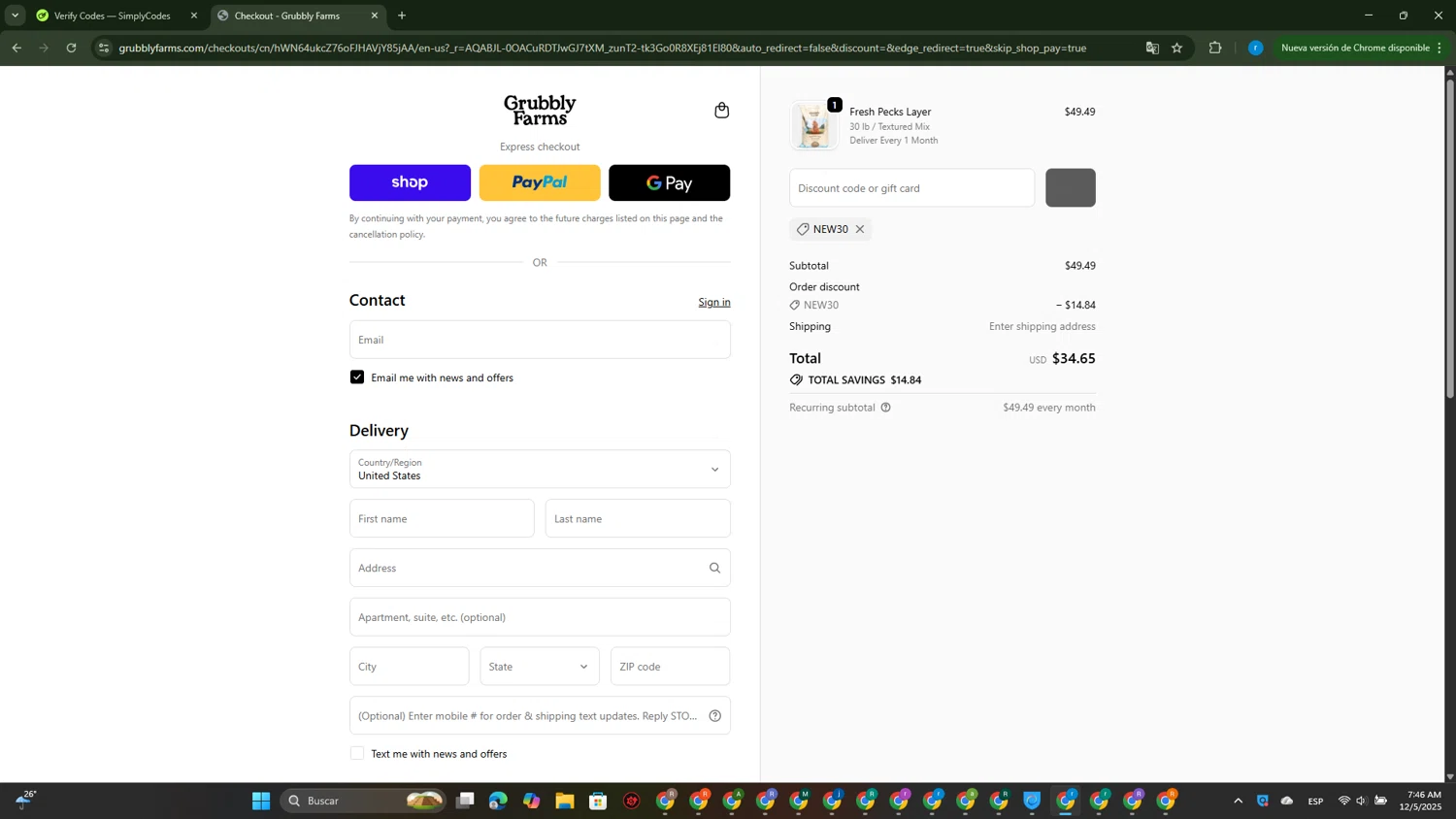 Grubbly Farms discount code screenshot showing code NEW30 applied at Grubbly Farms checkout page. Uploaded by SimplyCodes community member RewardVoyager146 on Dec 5, 2025