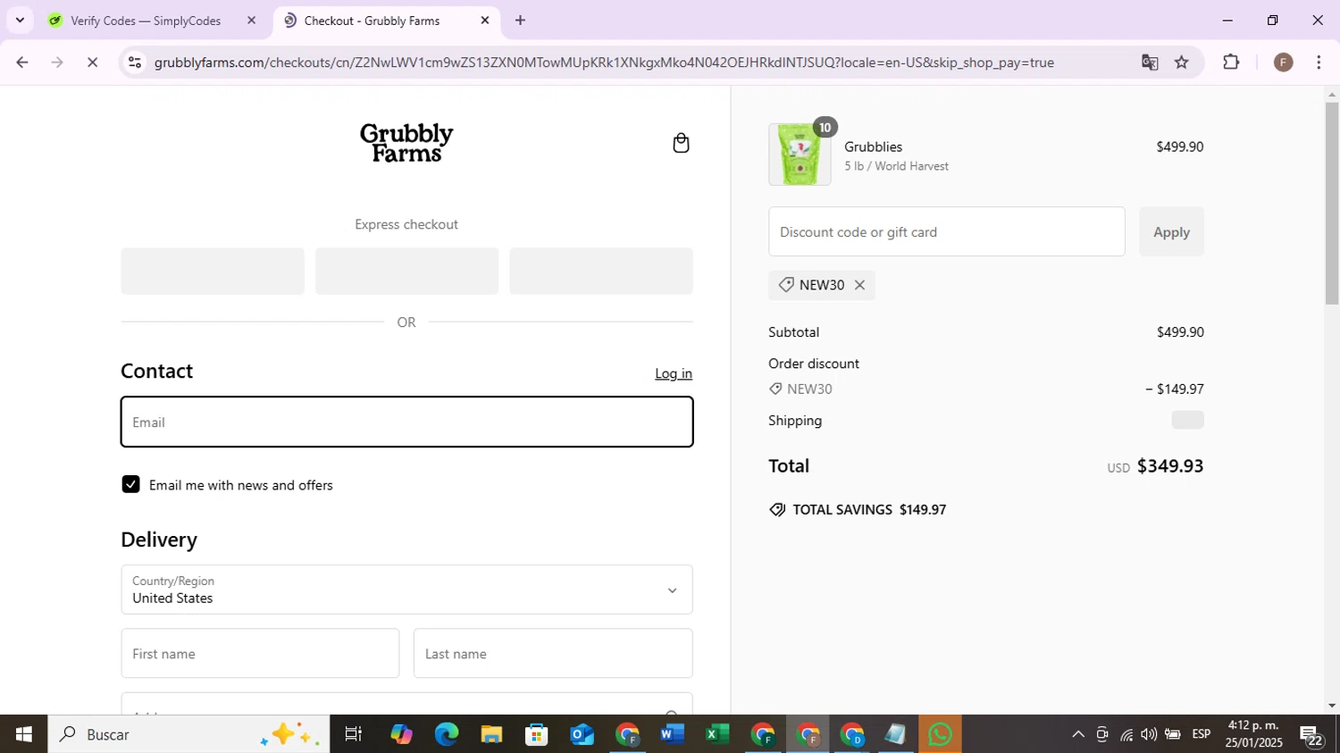 Grubbly Farms discount code screenshot showing code NEW30 applied at Grubbly Farms checkout page. Uploaded by SimplyCodes community member RoyalVoyager7229 on Jan 25, 2025