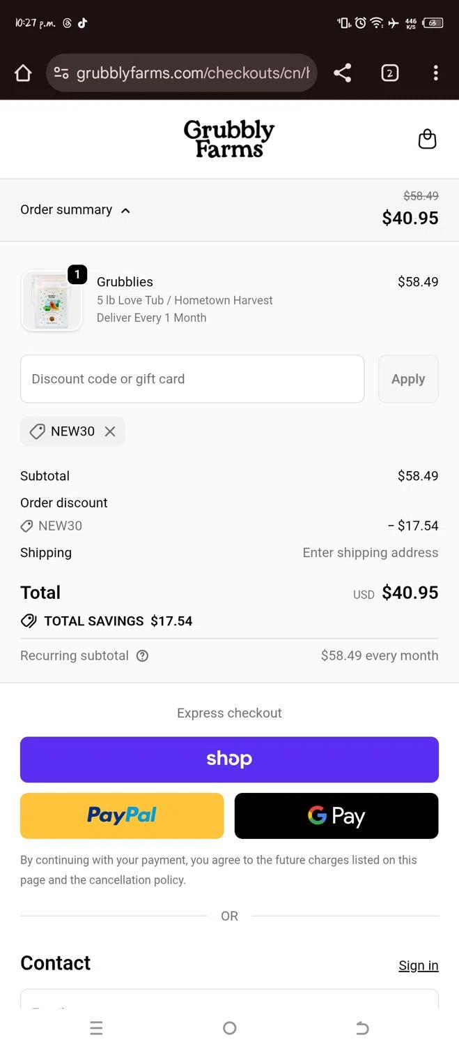 Grubbly Farms discount code screenshot showing code NEW30 applied at Grubbly Farms checkout page. Uploaded by SimplyCodes community member Sheele_Icon on Oct 11, 2025