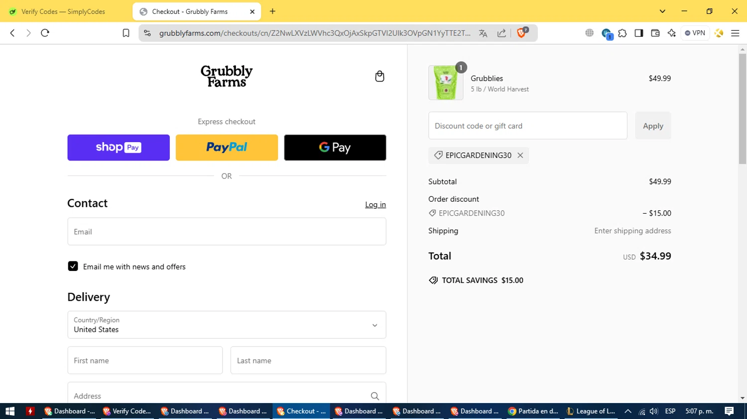 Grubbly Farms discount code screenshot showing code EPICGARDENING30 applied at Grubbly Farms checkout page. Uploaded by SimplyCodes community member ValiantElite8187 on Jan 25, 2025