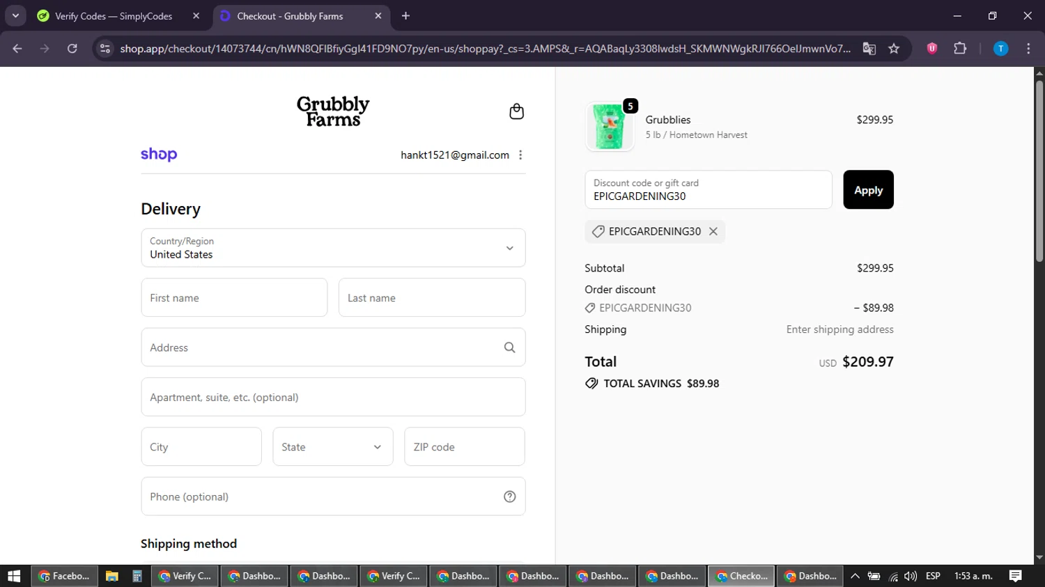 Grubbly Farms checkout page showing Grubbly Farms discount code box | Screenshot taken by SimplyCodes community member on Feb 5, 2026