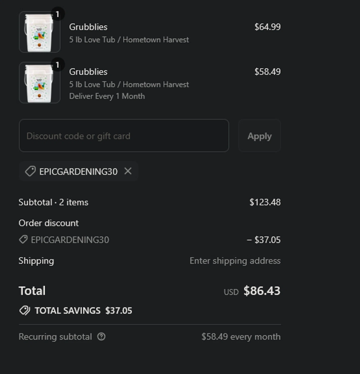 Grubbly Farms discount code screenshot showing code EPICGARDENING30 applied at Grubbly Farms checkout page. Uploaded by SimplyCodes community member xocelot44x on Jul 14, 2025