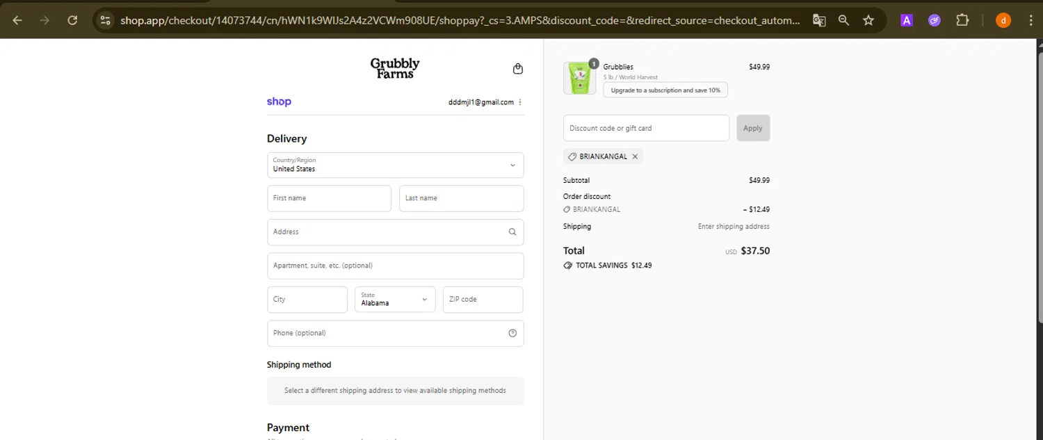 Grubbly Farms discount code screenshot showing code BRIANKANGAL applied at Grubbly Farms checkout page. Uploaded by SimplyCodes community member PennyAdmiral6960 on Aug 13, 2025