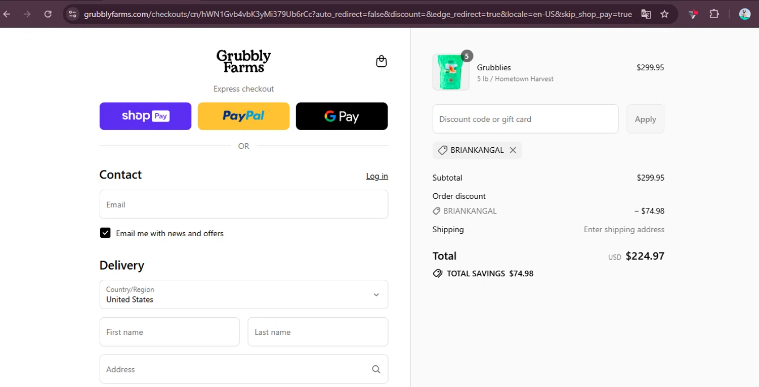 Grubbly Farms discount code screenshot showing code BRIANKANGAL applied at Grubbly Farms checkout page. Uploaded by SimplyCodes community member elgatobravo on Jul 31, 2025