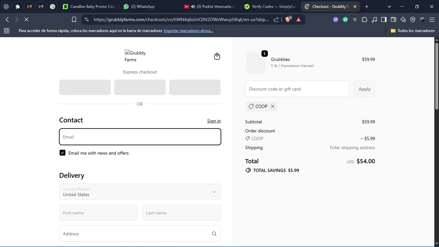Grubbly Farms discount code screenshot showing code COOP applied at Grubbly Farms checkout page. Uploaded by SimplyCodes community member Charlote on Nov 2, 2025