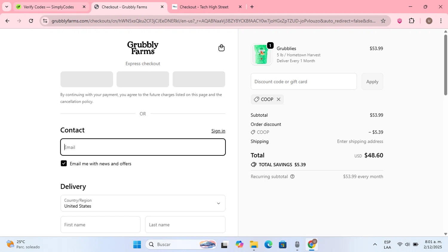 Grubbly Farms discount code screenshot showing code COOP applied at Grubbly Farms checkout page. Uploaded by SimplyCodes community member MightyPilot3700 on Dec 2, 2025