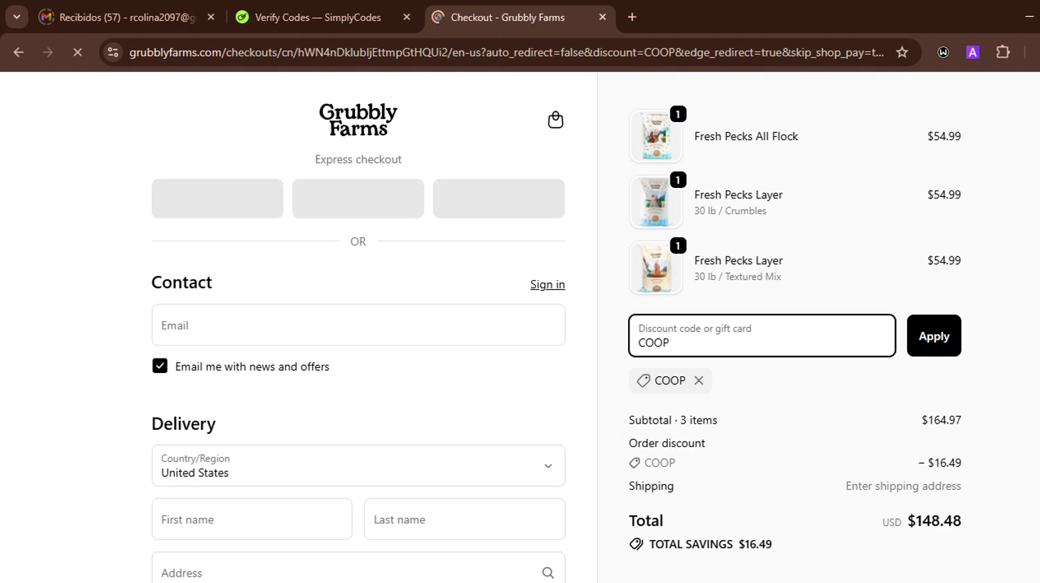 Grubbly Farms discount code screenshot showing code COOP applied at Grubbly Farms checkout page. Uploaded by SimplyCodes community member WonderWarden594 on Nov 1, 2025