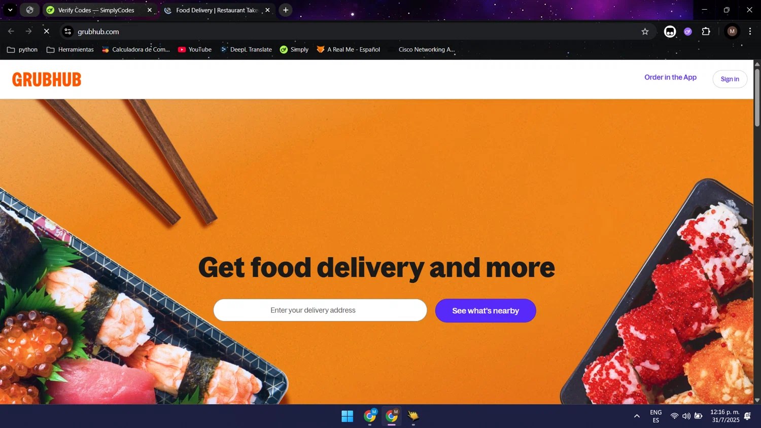 GrubHub promo code screenshot showing code GH3OFF applied at GrubHub checkout page. Uploaded by SimplyCodes community member Maocar on Jul 31, 2025