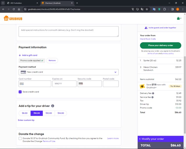 GrubHub checkout page showing GrubHub promo code box | Screenshot taken by SimplyCodes community member on Jan 21, 2024