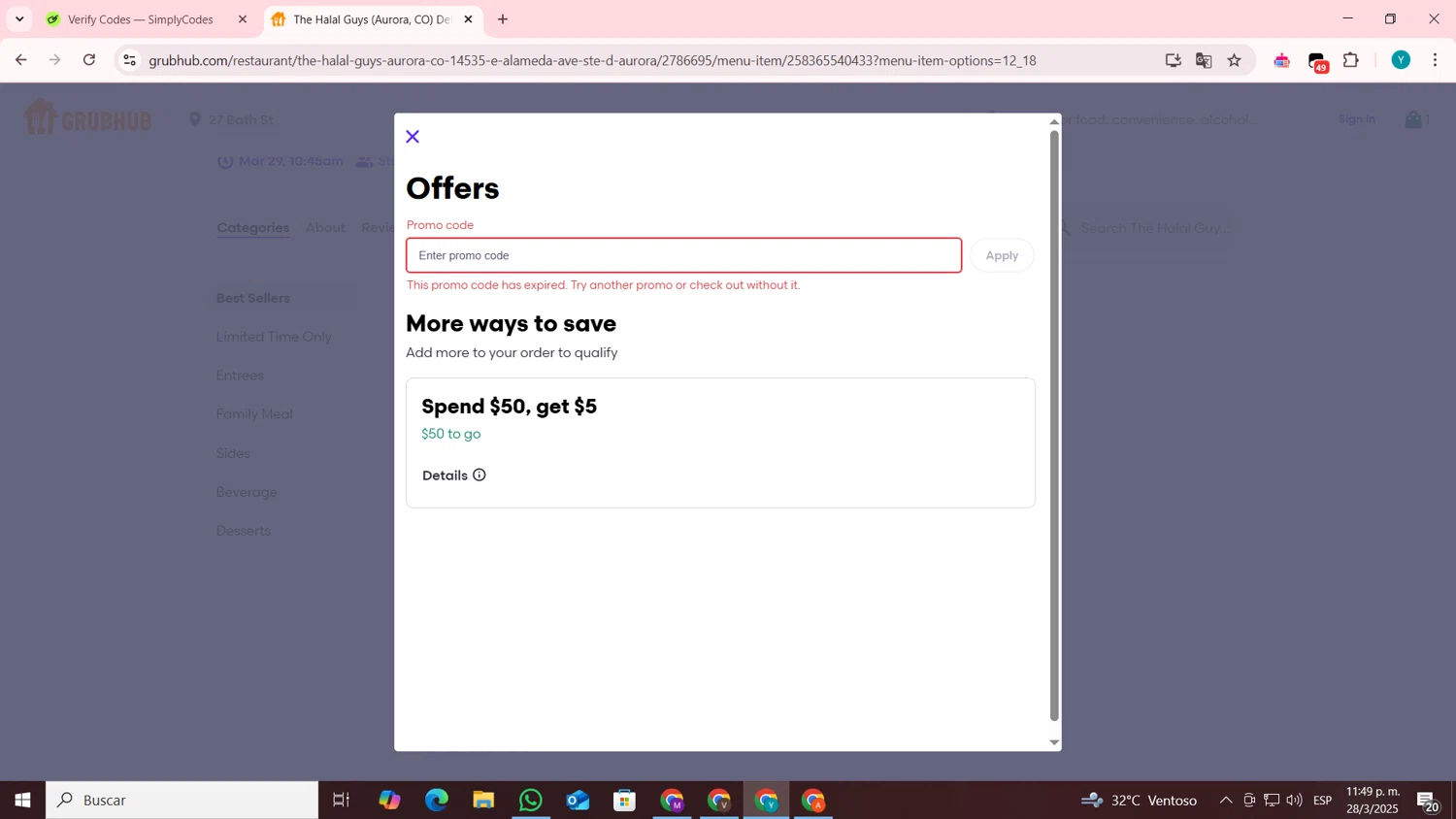 GrubHub promo code screenshot showing code GH20 applied at GrubHub checkout page. Uploaded by SimplyCodes community member codygakpo on Mar 29, 2025