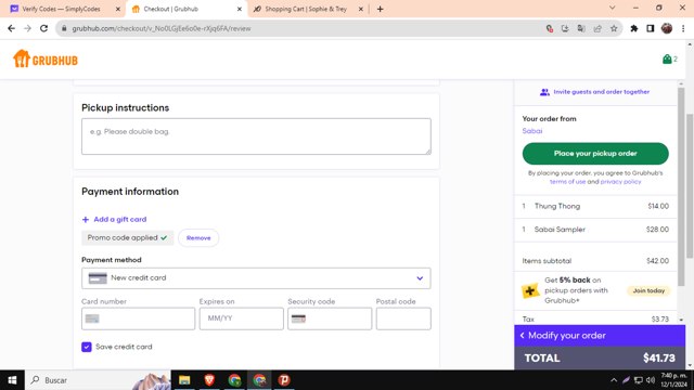 GrubHub checkout page showing GrubHub promo code box | Screenshot taken by SimplyCodes community member on Jan 12, 2024