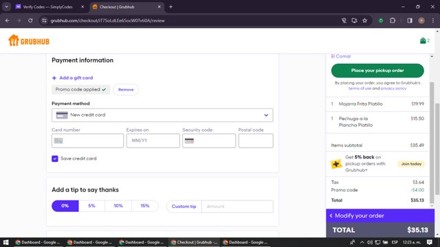 GrubHub checkout page showing GrubHub promo code box | Screenshot taken by SimplyCodes community member on Jan 20, 2024