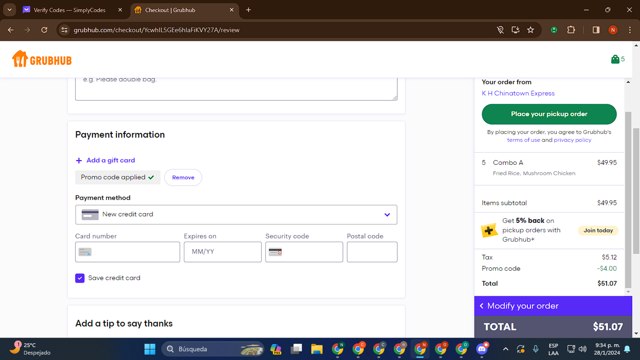 GrubHub checkout page showing GrubHub promo code box | Screenshot taken by SimplyCodes community member on Jan 29, 2024