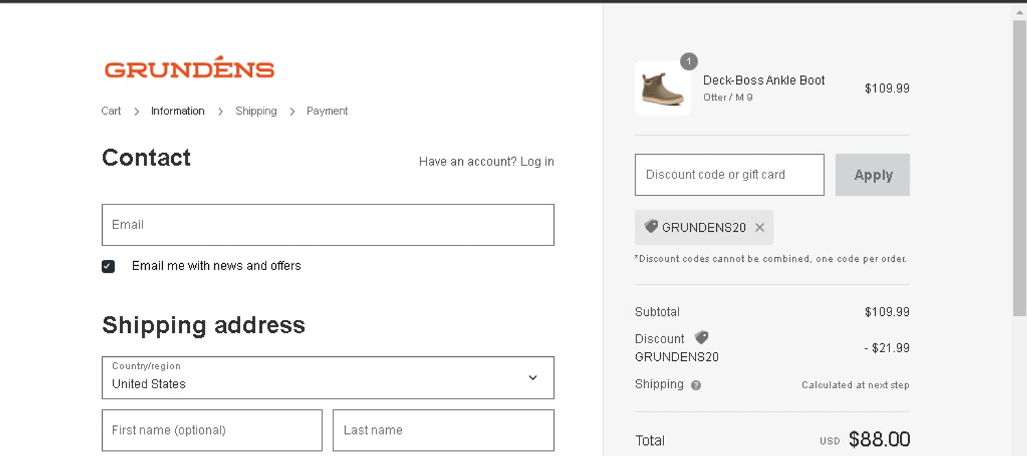 where to use Grundens promo code box