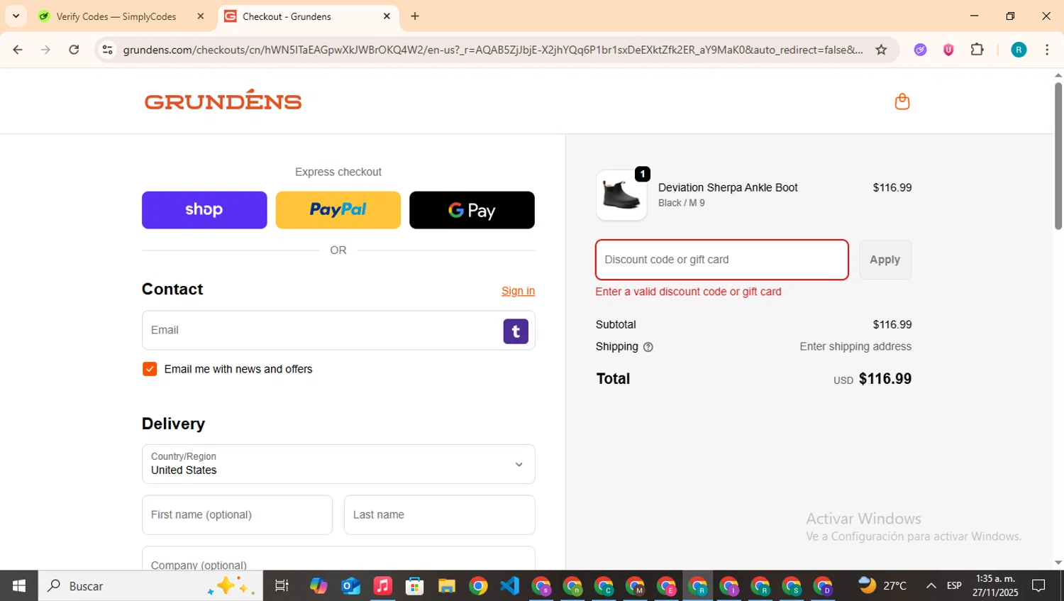 Grundéns promo code screenshot showing code GRUBBZ20 applied at Grundéns checkout page. Uploaded by SimplyCodes community member BudgetHero4407 on Nov 27, 2025