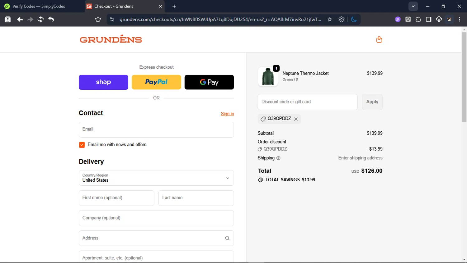Grundéns checkout page showing Grundéns promo code box | Screenshot taken by SimplyCodes community member on Feb 11, 2026