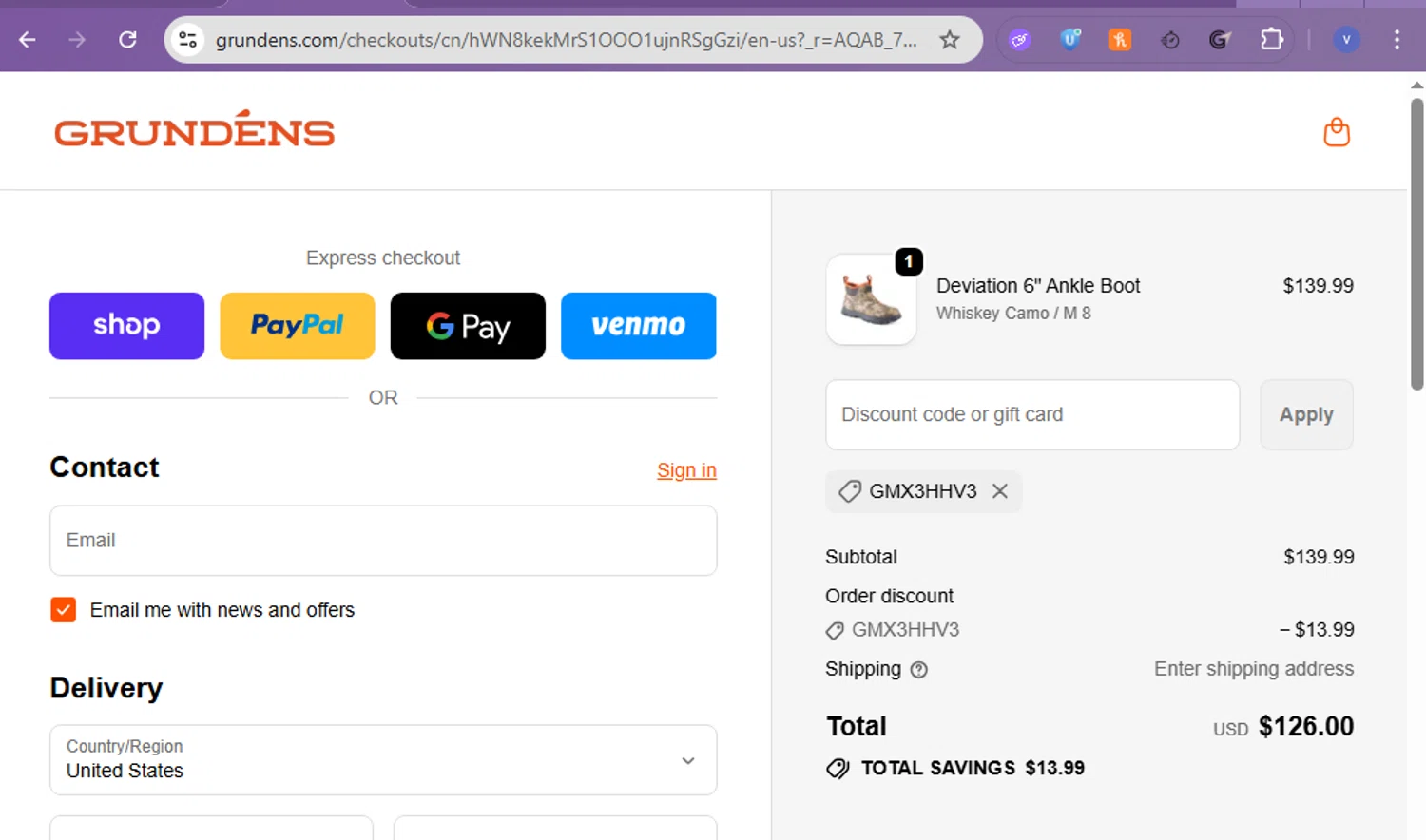 Grundéns promo code screenshot showing code GMX3HHV3 applied at Grundéns checkout page. Uploaded by SimplyCodes community member beatrizcastillo on Feb 13, 2026