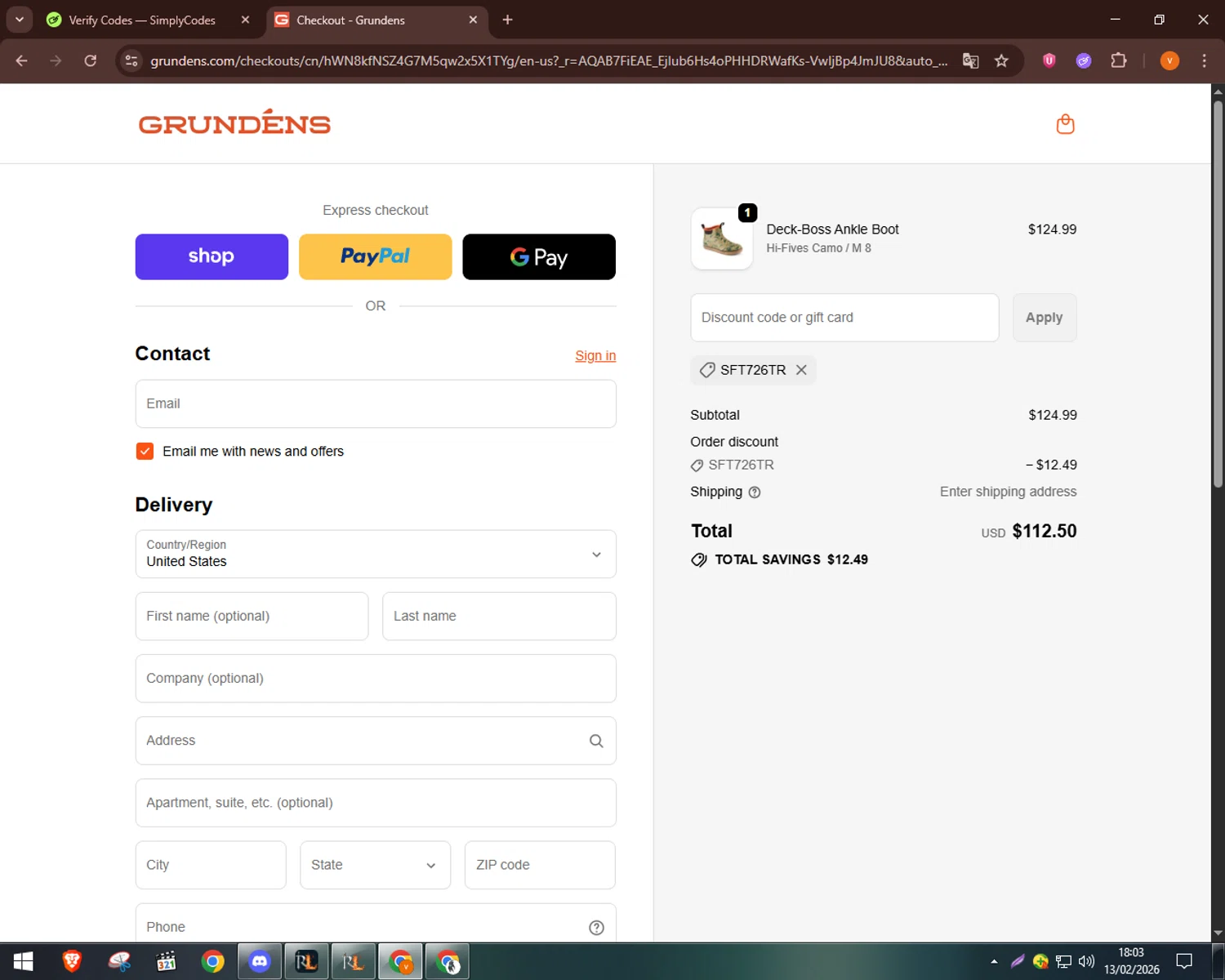 Grundéns checkout page showing Grundéns promo code box | Screenshot taken by SimplyCodes community member on Feb 13, 2026