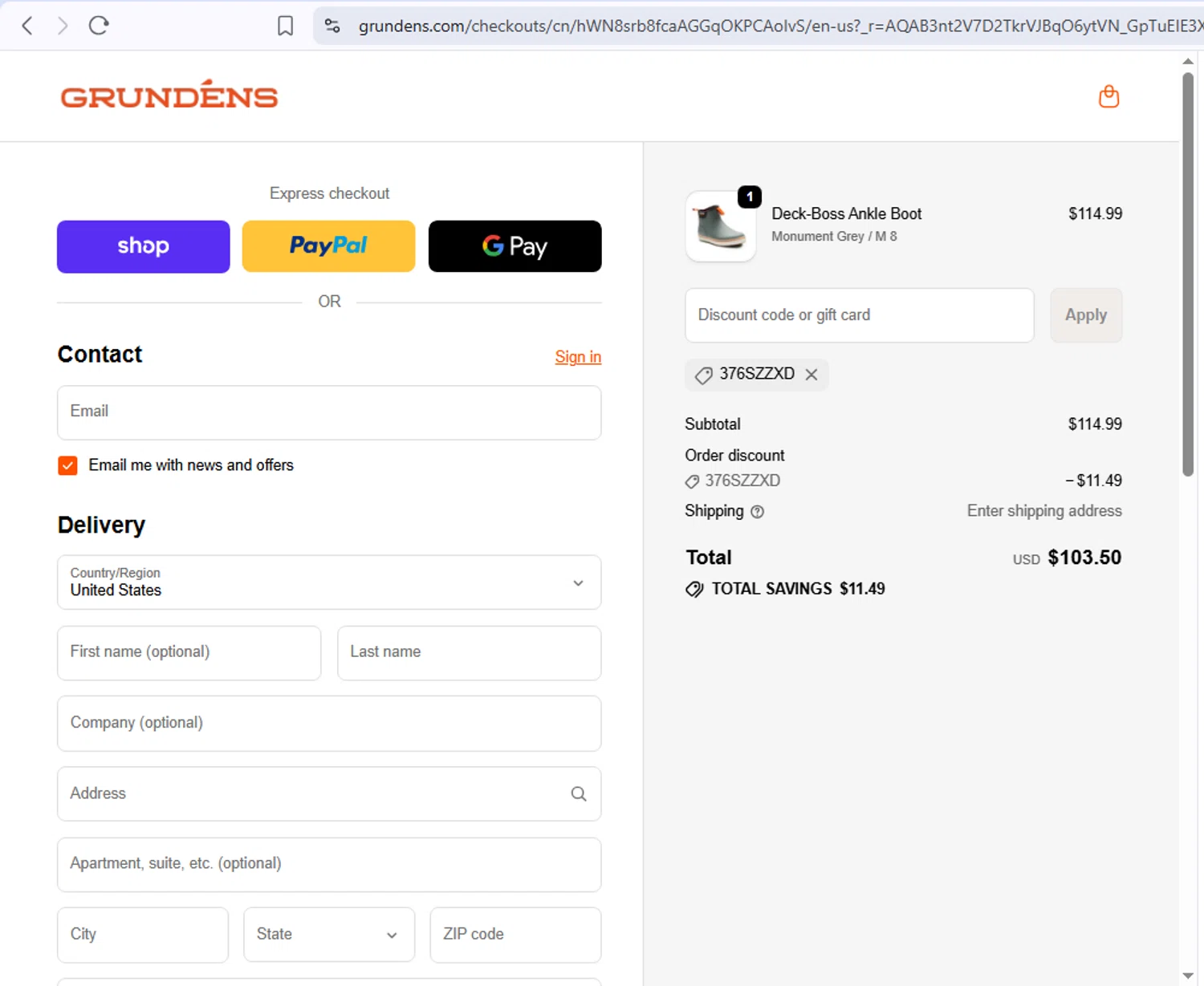 Grundéns checkout page showing Grundéns promo code box | Screenshot taken by SimplyCodes community member on Feb 17, 2026