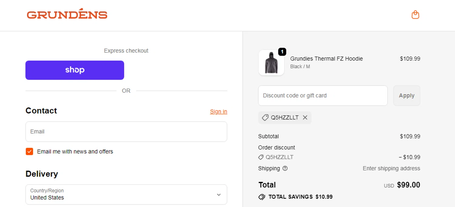 Grundéns promo code screenshot showing code Q5HZZLLT applied at Grundéns checkout page. Uploaded by SimplyCodes community member RonaldAcunaJr on Feb 20, 2026