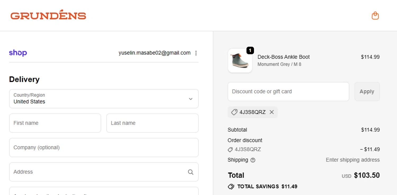 Grundéns promo code screenshot showing code 4J3S8QRZ applied at Grundéns checkout page. Uploaded by SimplyCodes community member SilverMakeup on Feb 20, 2026