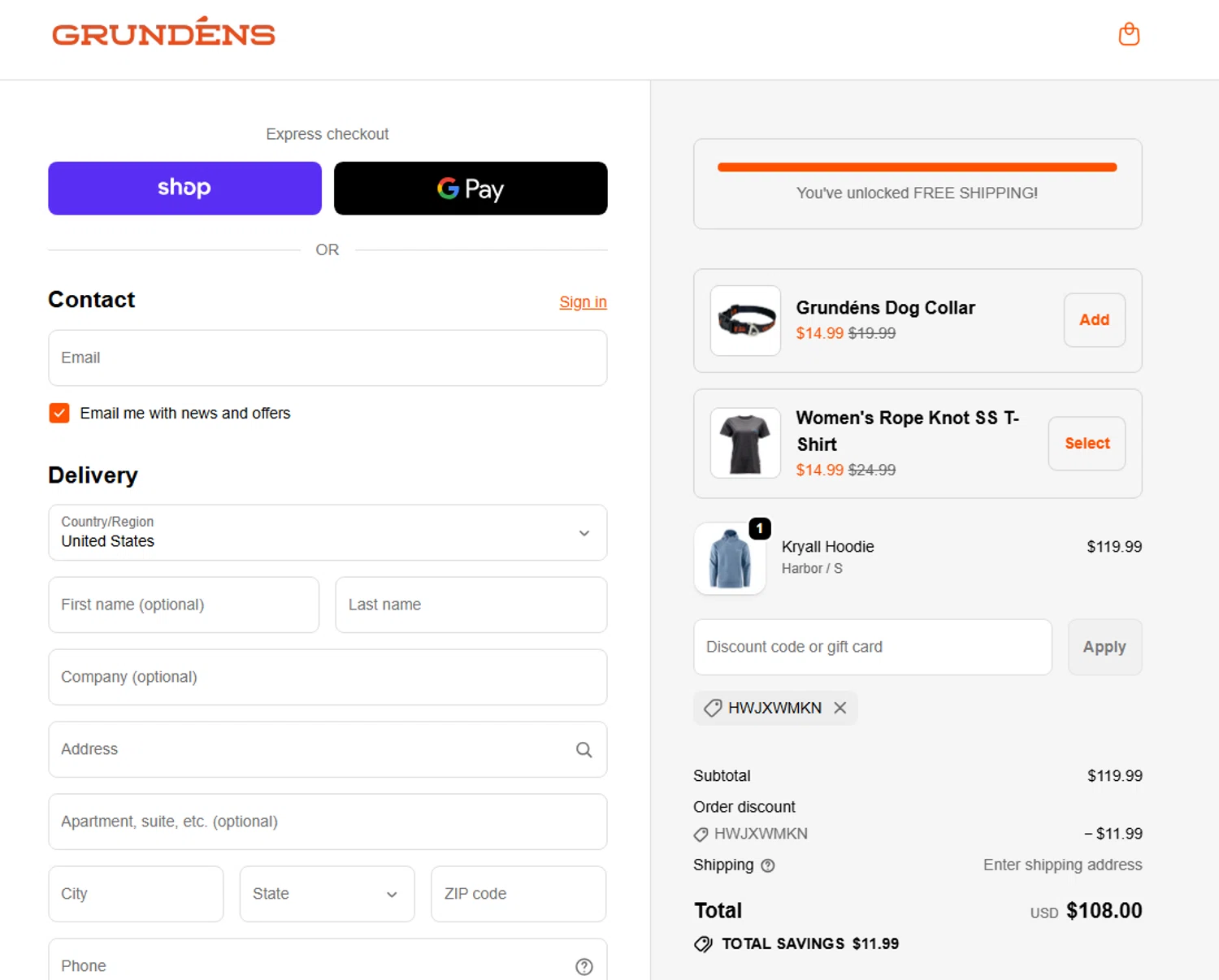 Grundéns promo code screenshot showing code HWJXWMKN applied at Grundéns checkout page. Uploaded by SimplyCodes community member SilverMakeup on Jun 6, 2026
