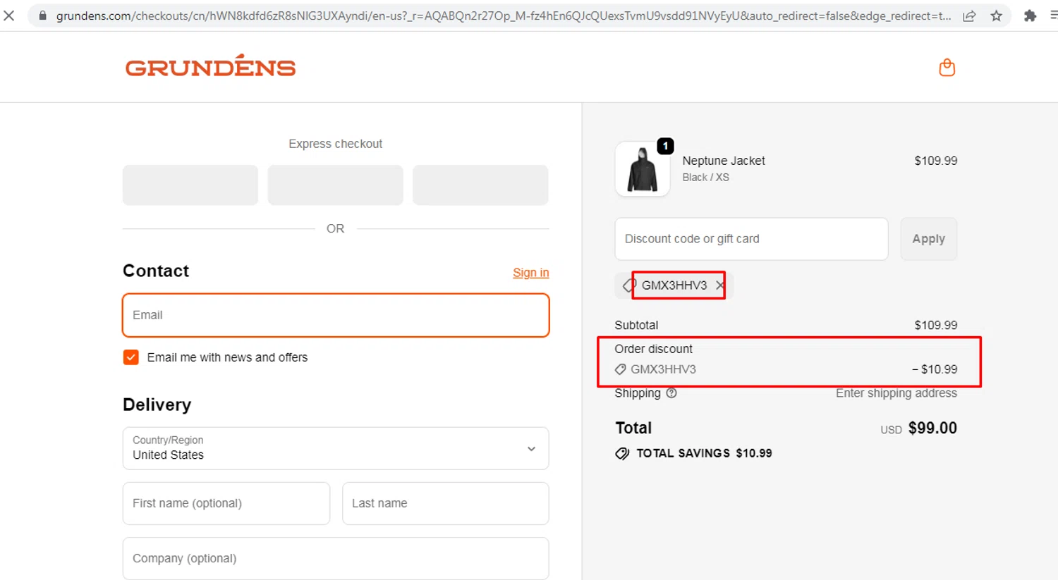 Grundéns promo code screenshot showing code GMX3HHV3 applied at Grundéns checkout page. Uploaded by SimplyCodes community member nileskamarcano on Feb 13, 2026