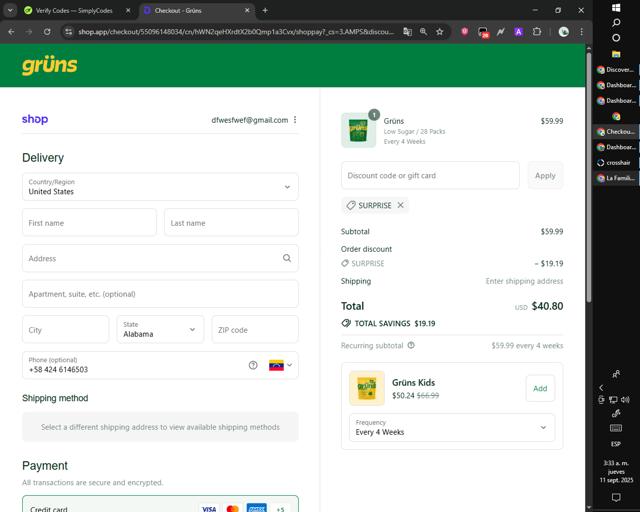 Grüns checkout page showing Grüns promo code box | Screenshot taken by SimplyCodes community member on Sep 11, 2025