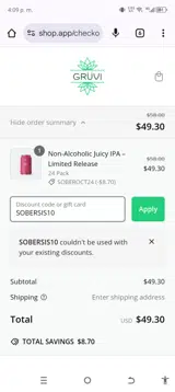 SOBERSIS10 coupon verification screenshot