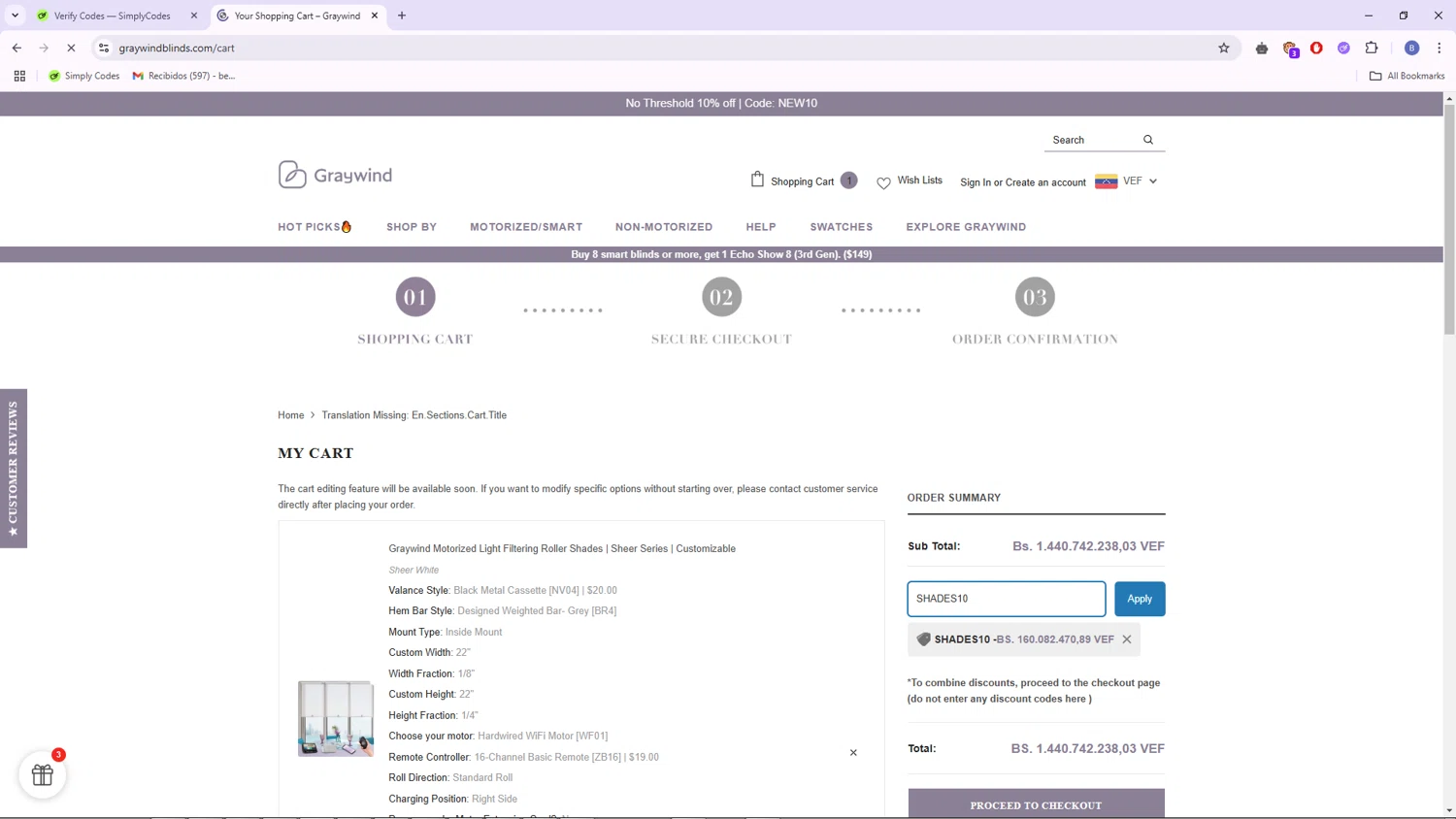 Graywind promo code screenshot showing code SHADES10 applied at Graywind checkout page. Uploaded by SimplyCodes community member WonderRanger8229 on Apr 20, 2025