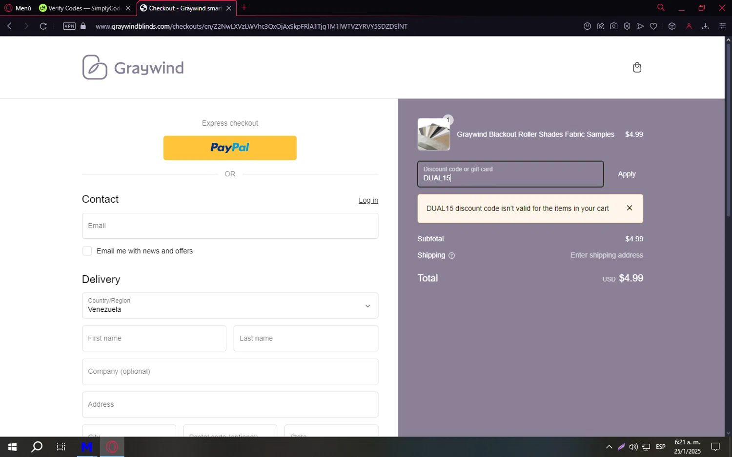 Graywind promo code screenshot showing code DUAL15 applied at Graywind checkout page. Uploaded by SimplyCodes community member Messii on Jan 25, 2025