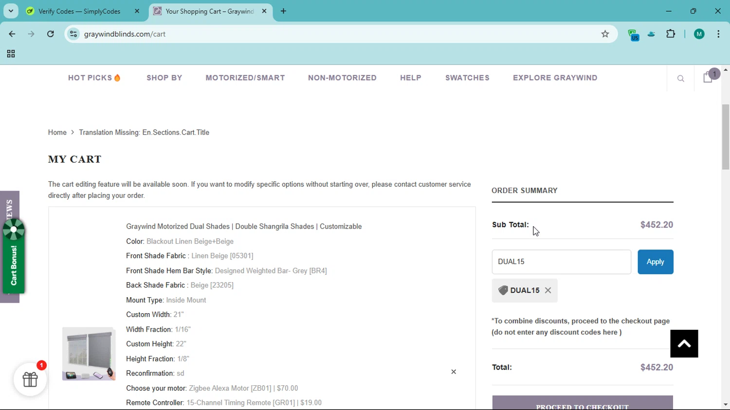 Graywind promo code screenshot showing code DUAL15 applied at Graywind checkout page. Uploaded by SimplyCodes community member RewardMonarch5847 on Dec 27, 2024