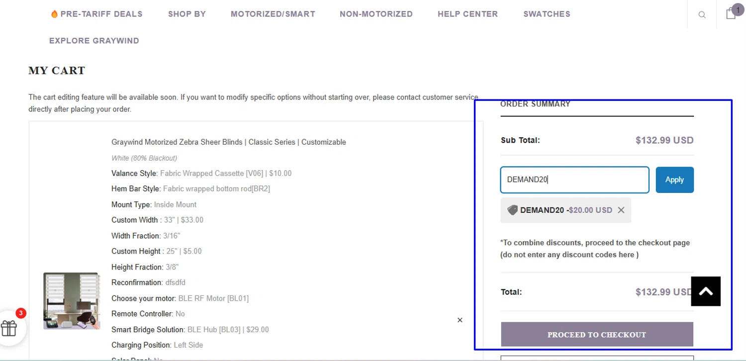 Graywind promo code screenshot showing code DEMAND20 applied at Graywind checkout page. Uploaded by SimplyCodes community member Swiftdealz on Apr 23, 2025