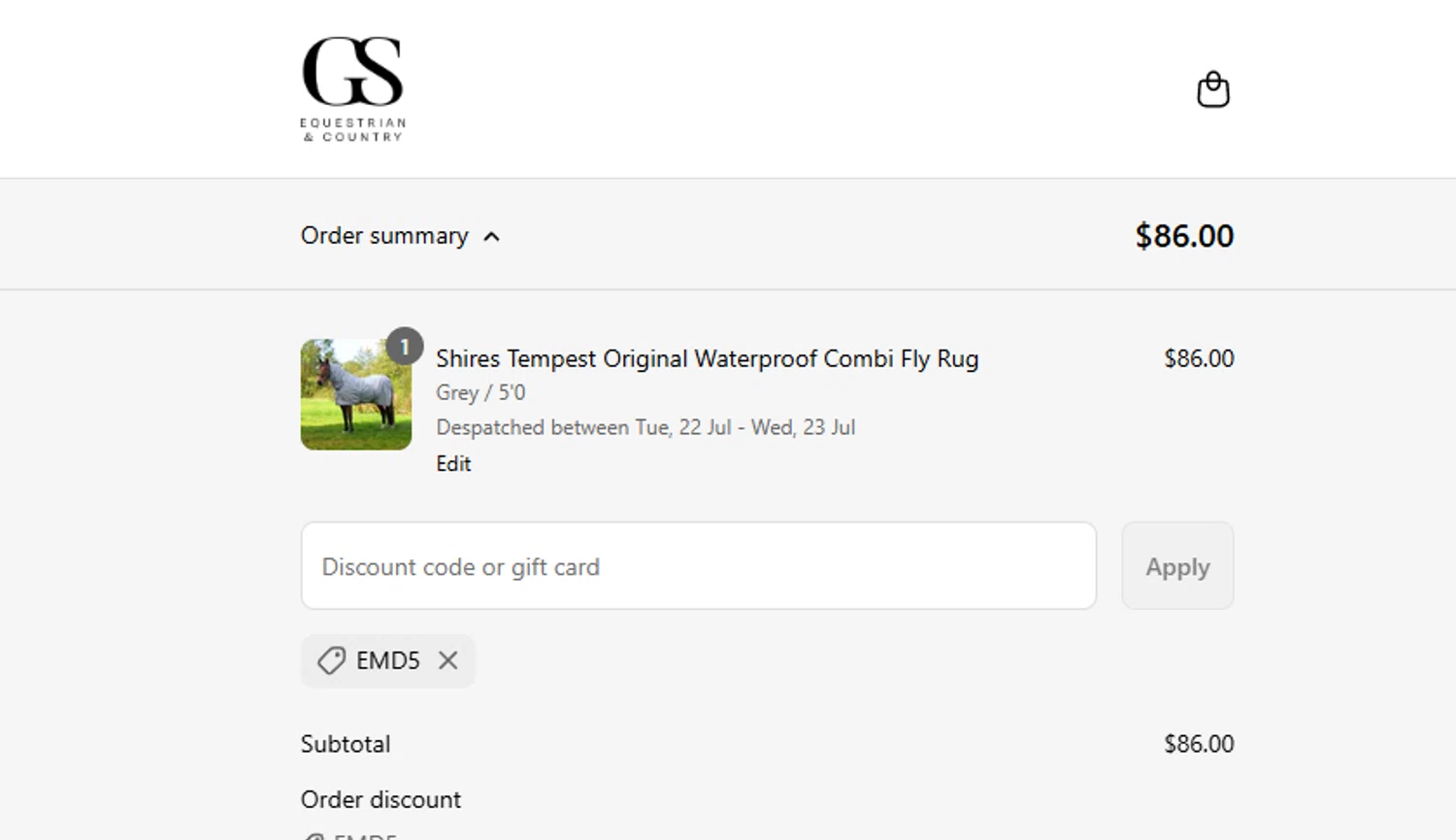 Gs Equestrian discount code screenshot showing code EMD5 applied at Gs Equestrian checkout page. Uploaded by SimplyCodes community member ashe1986 on Jul 17, 2025