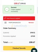 Performance10 coupon verification screenshot