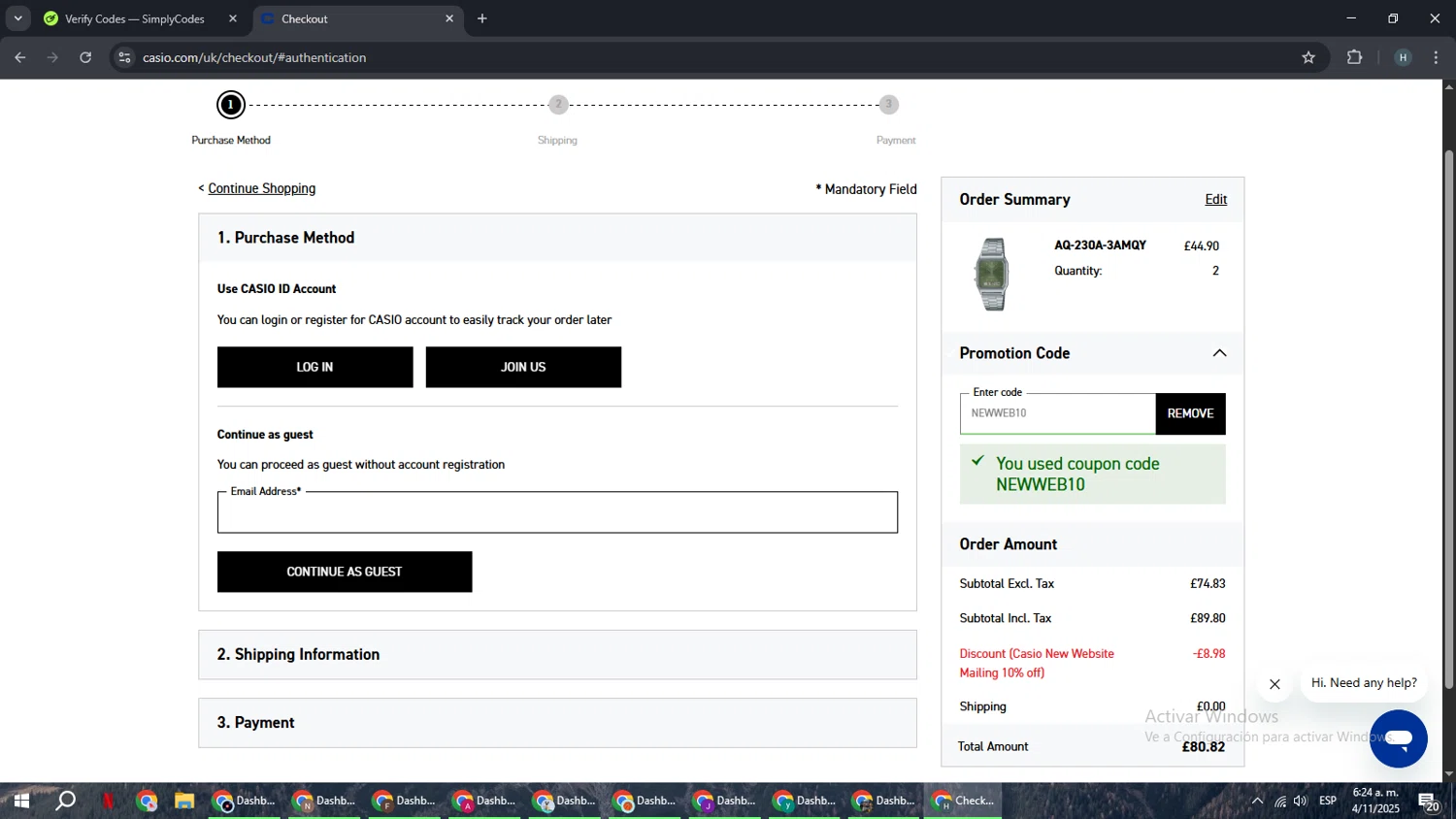 G-Shock promo code screenshot showing code NEWWEB10 applied at G-Shock checkout page. Uploaded by SimplyCodes community member YAMAHA on Nov 4, 2025