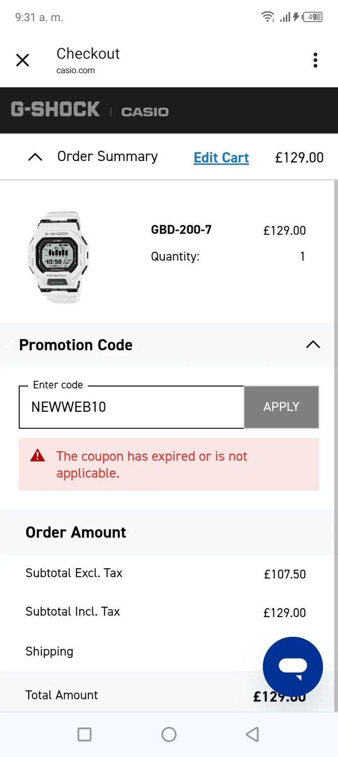 G-Shock promo code screenshot showing code NEWWEB10 applied at G-Shock checkout page. Uploaded by SimplyCodes community member tumiedo on Dec 24, 2025