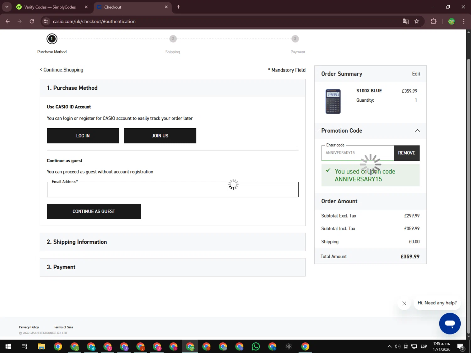 G-Shock promo code screenshot showing code ANNIVERSARY15 applied at G-Shock checkout page. Uploaded by SimplyCodes community member SwiftChaser6655 on Jan 17, 2026