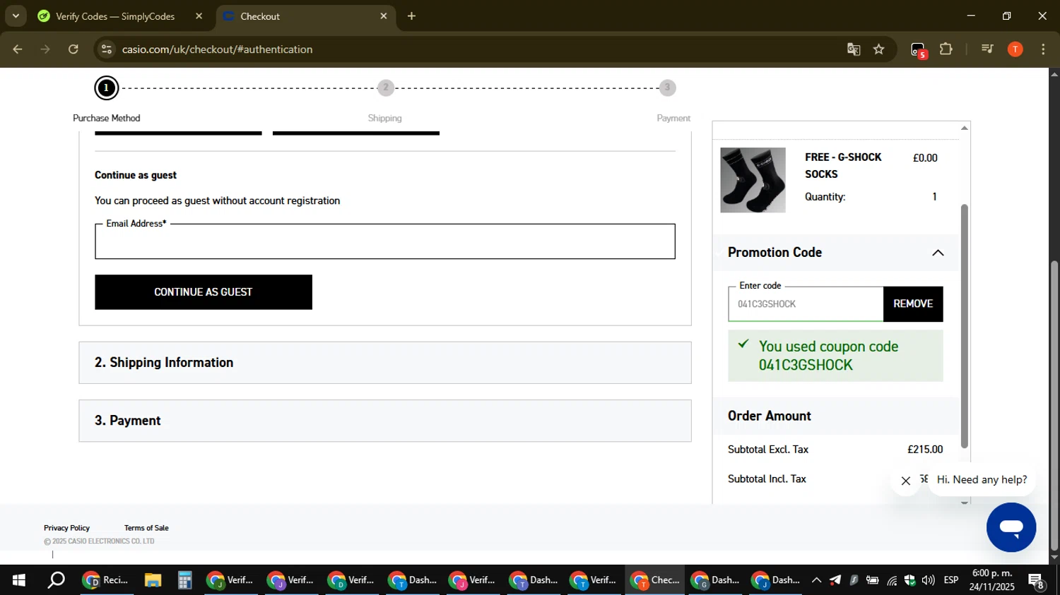 G-Shock promo code screenshot showing code 041C3GSHOCK applied at G-Shock checkout page. Uploaded by SimplyCodes community member ShrewdAce8338 on Nov 24, 2025