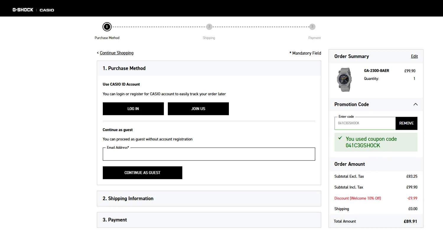 G-Shock promo code screenshot showing code 041C3GSHOCK applied at G-Shock checkout page. Uploaded by SimplyCodes community member Dorothy on Nov 24, 2025