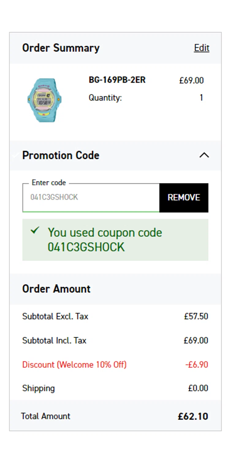 G-Shock promo code screenshot showing code 041C3GSHOCK applied at G-Shock checkout page. Uploaded by SimplyCodes community member RonaldAcunaJr on Feb 8, 2026