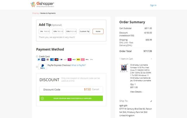Gshopper checkout page showing Gshopper coupon code box | Screenshot taken by SimplyCodes community member on Sep 1, 2025