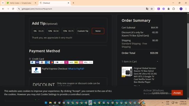 Gshopper checkout page showing Gshopper coupon code box | Screenshot taken by SimplyCodes community member on Sep 1, 2025